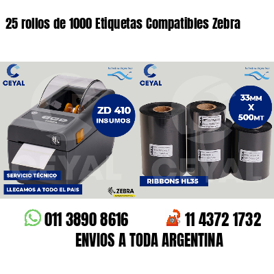 25 rollos de 1000 Etiquetas Compatibles Zebra 