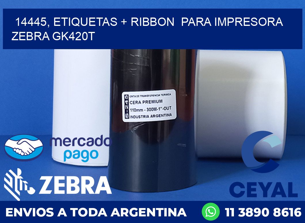 14445, etiquetas + ribbon  para impresora zebra GK420T