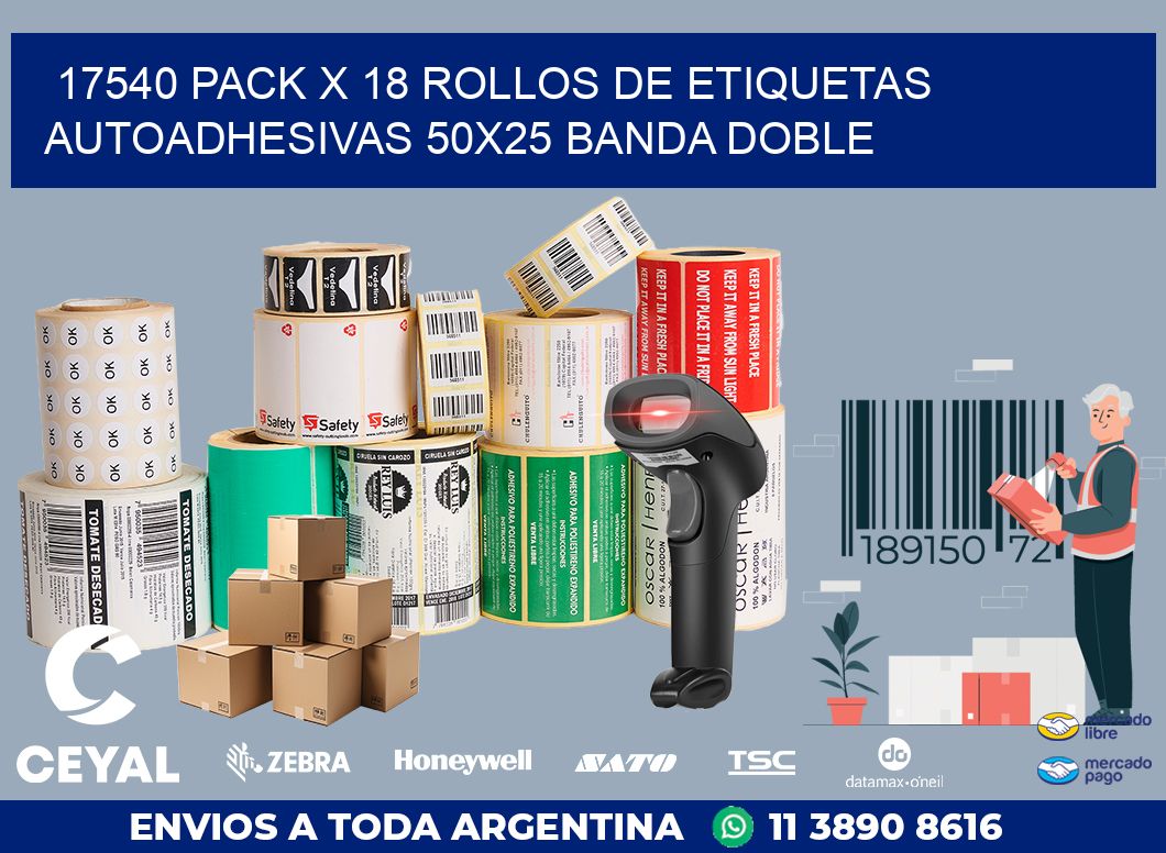 17540 PACK X 18 ROLLOS DE ETIQUETAS AUTOADHESIVAS 50X25 BANDA DOBLE