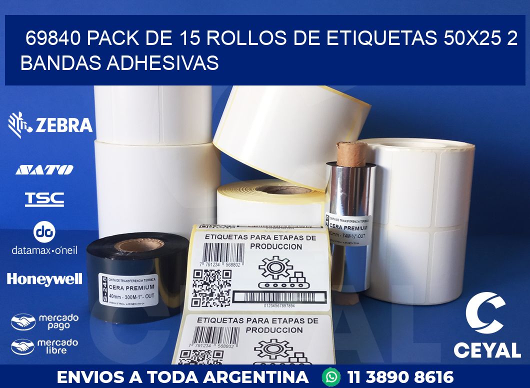 69840 PACK DE 15 ROLLOS DE ETIQUETAS 50X25 2 BANDAS ADHESIVAS