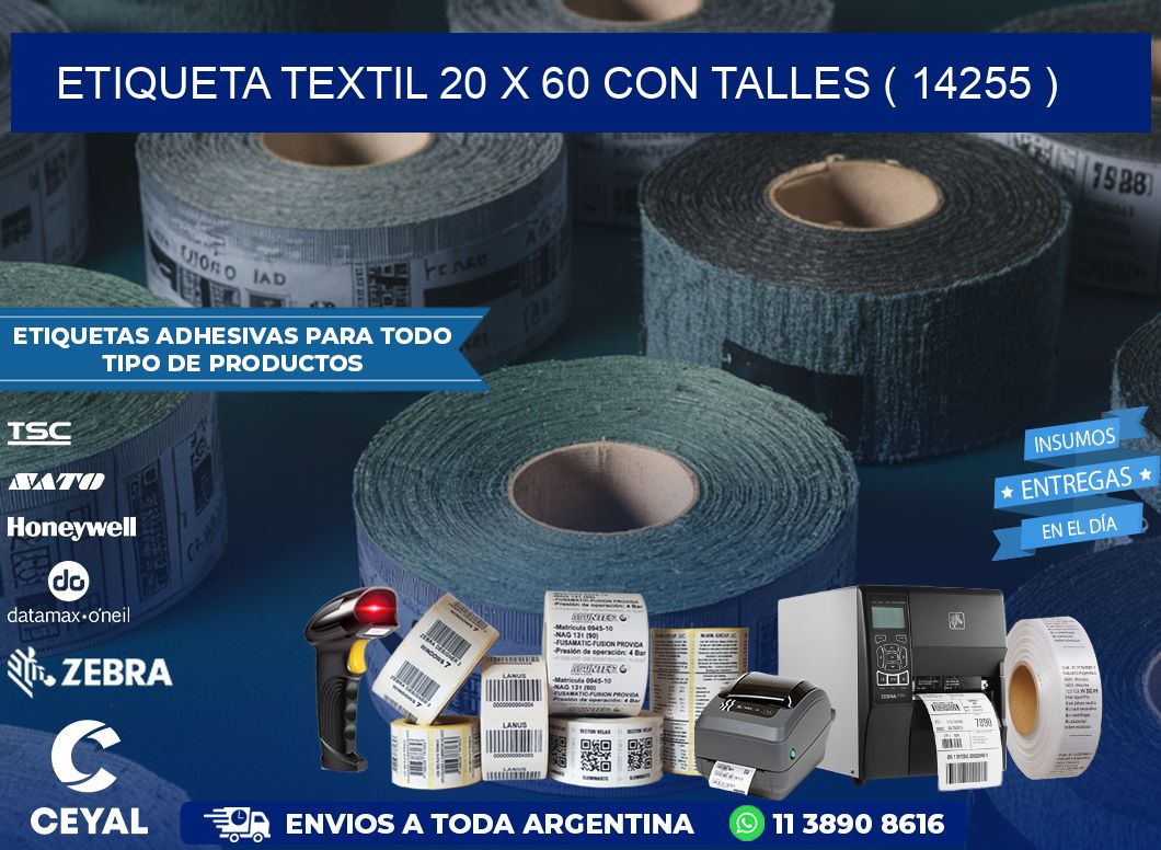 ETIQUETA TEXTIL 20 X 60 CON TALLES ( 14255 )