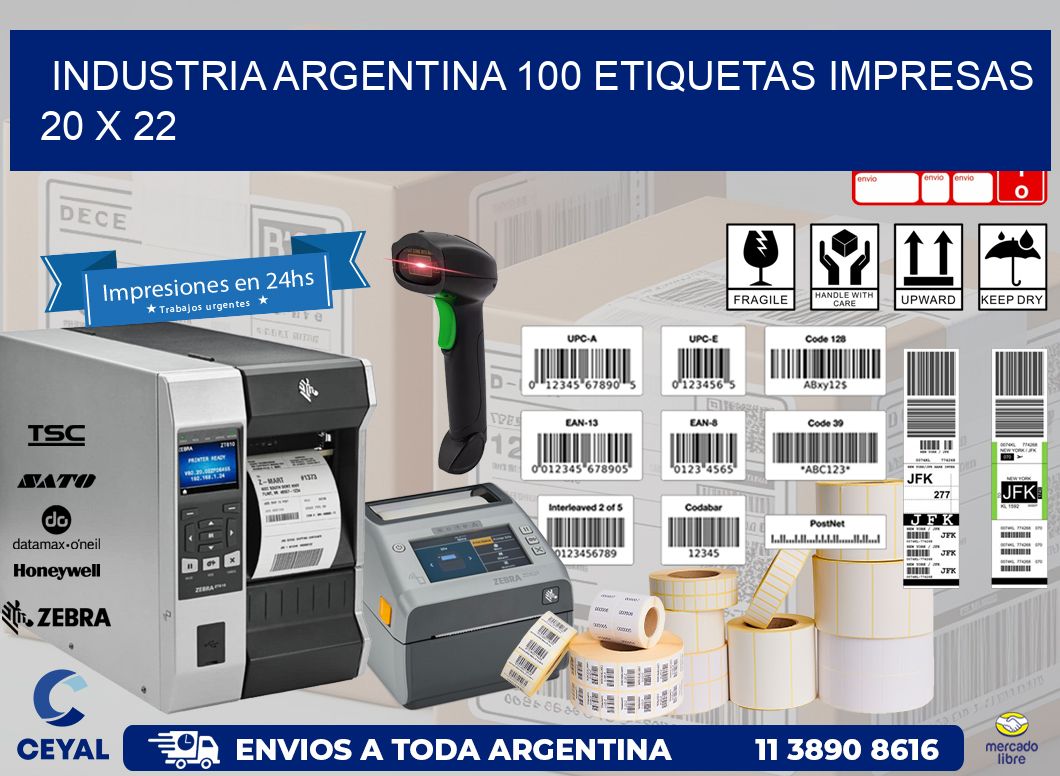 INDUSTRIA ARGENTINA 100 ETIQUETAS IMPRESAS  20 x 22