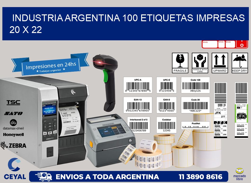 INDUSTRIA ARGENTINA 100 ETIQUETAS IMPRESAS  20 x 22