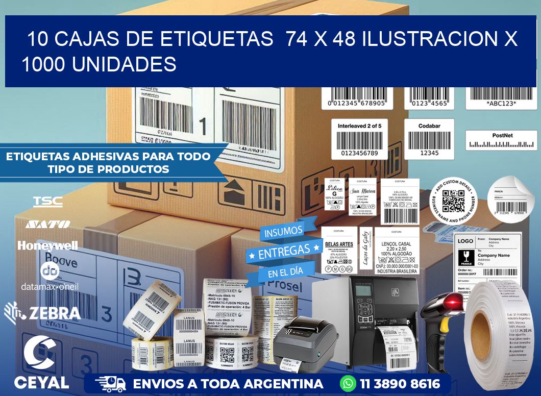 10 CAJAS DE ETIQUETAS  74 x 48 ILUSTRACION X 1000 UNIDADES