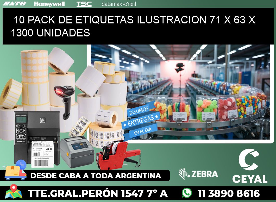 10 PACK DE ETIQUETAS ILUSTRACION 71 x 63 X 1300 UNIDADES