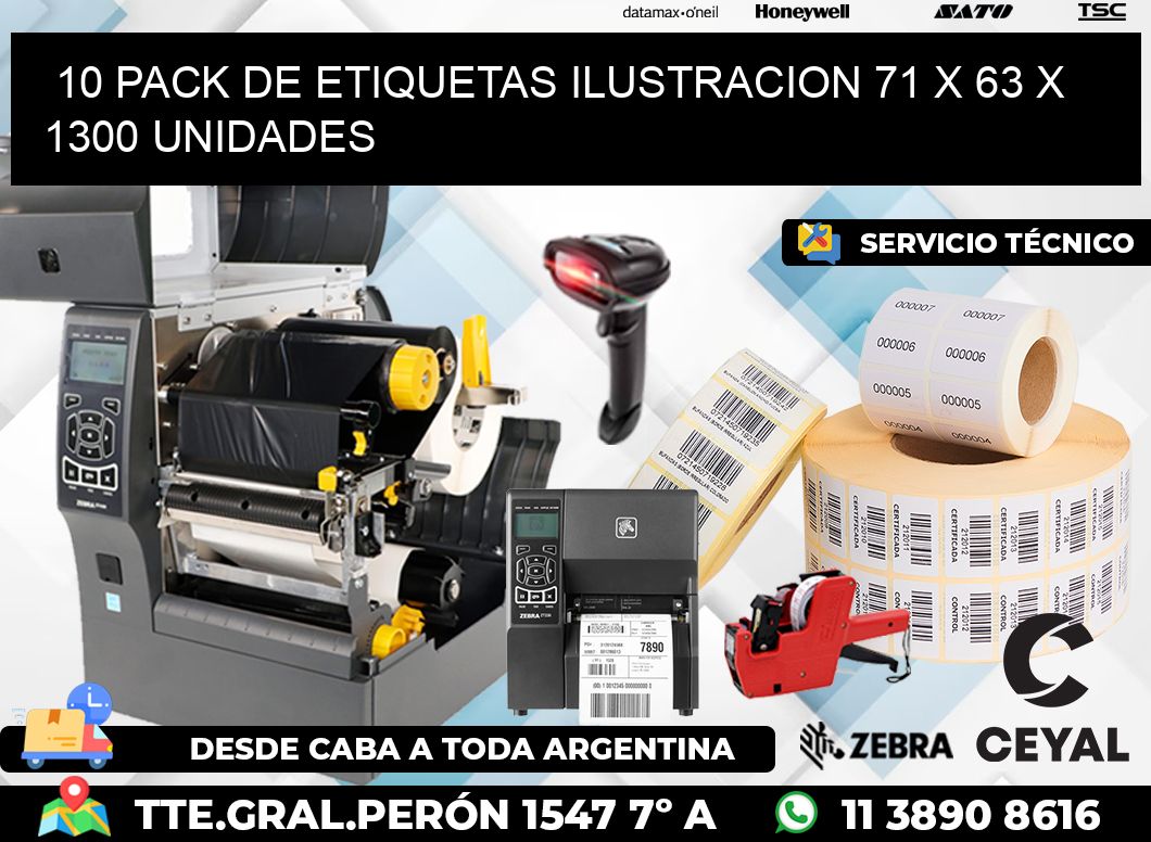 10 PACK DE ETIQUETAS ILUSTRACION 71 x 63 X 1300 UNIDADES