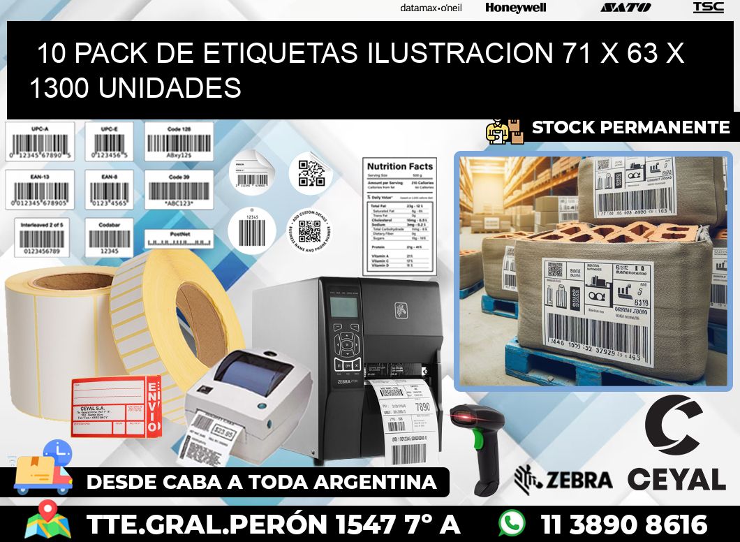 10 PACK DE ETIQUETAS ILUSTRACION 71 x 63 X 1300 UNIDADES