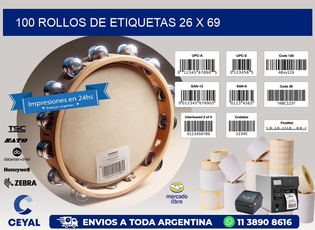 100 ROLLOS DE ETIQUETAS 26 x 69