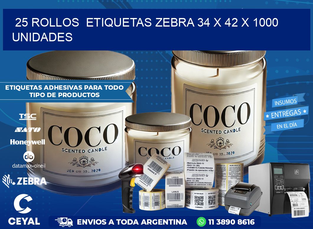 25 ROLLOS  ETIQUETAS ZEBRA 34 x 42 X 1000 UNIDADES