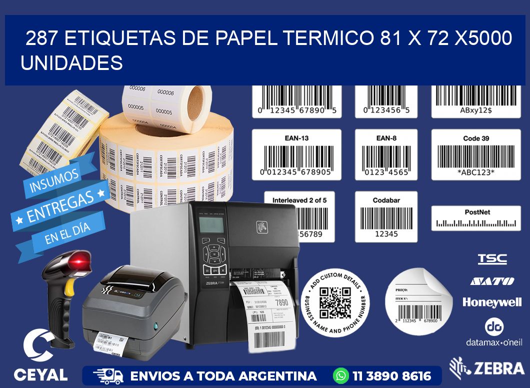 287 ETIQUETAS DE PAPEL TERMICO 81 x 72 X5000 UNIDADES