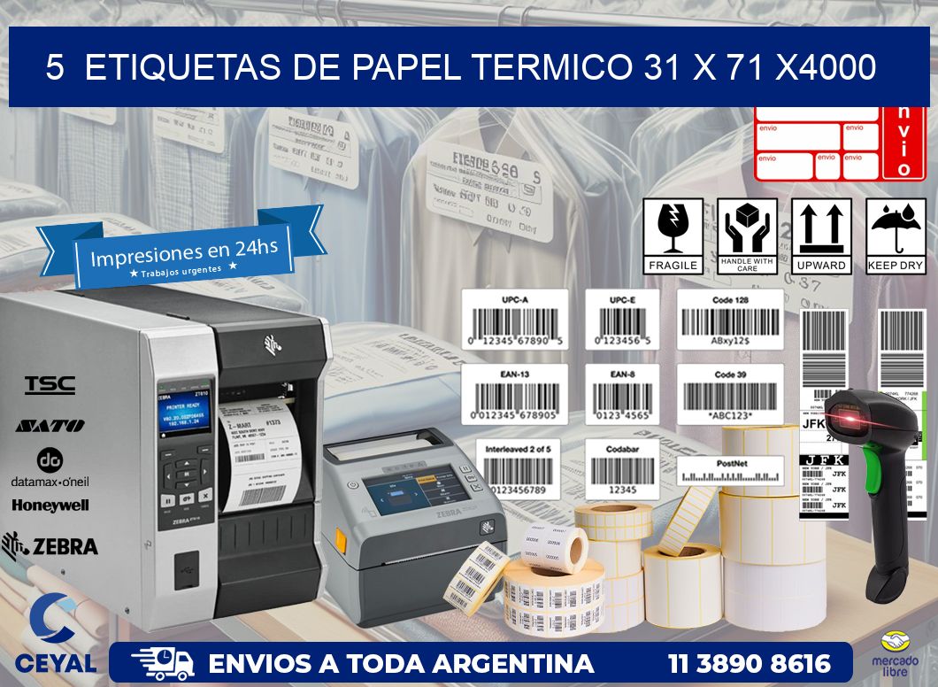 5  ETIQUETAS DE PAPEL TERMICO 31 x 71 X4000