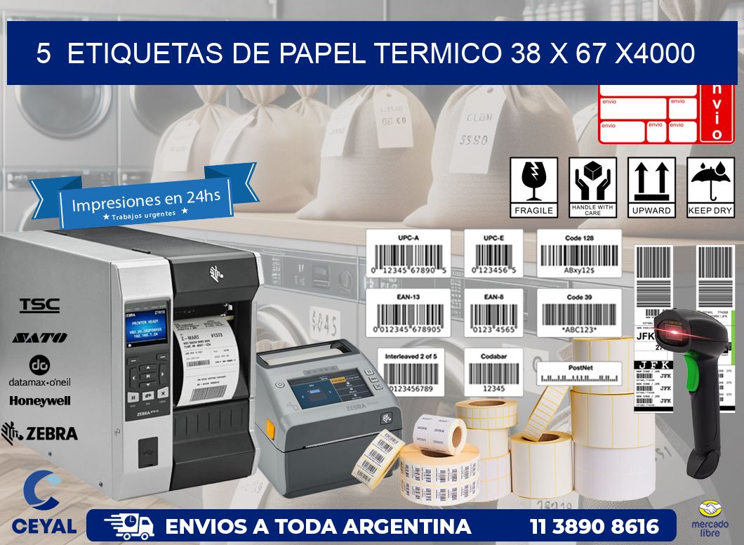 5  ETIQUETAS DE PAPEL TERMICO 38 x 67 X4000