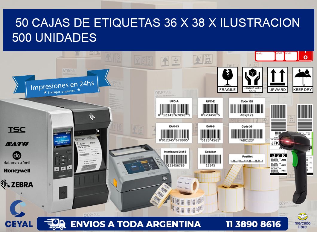 50 CAJAS DE ETIQUETAS 36 x 38 X ILUSTRACION 500 UNIDADES