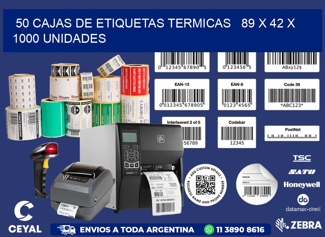 50 CAJAS DE ETIQUETAS TERMICAS   89 x 42 X 1000 UNIDADES