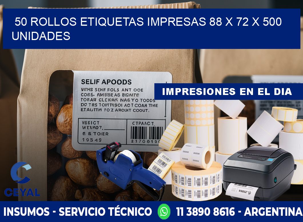 50 ROLLOS ETIQUETAS IMPRESAS 88 x 72 X 500 UNIDADES